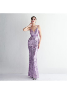 Mauve Sequin Evening Gown with Plunging Bodice