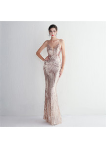 Mauve Sequin Evening Gown with Plunging Bodice