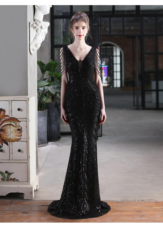 robe de soirée sirène en sequins motifs géométriques