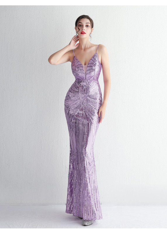 robe de soirée moulante en sequins mauves à bustier plongeant