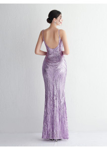 Mauve Sequin Evening Gown with Plunging Bodice