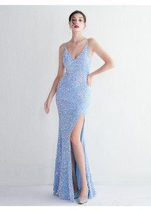 Sky Blue Sparkling Evening Gown with Plunging Neckline and Side Slit