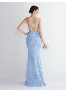 Sky Blue Sparkling Evening Gown with Plunging Neckline and Side Slit