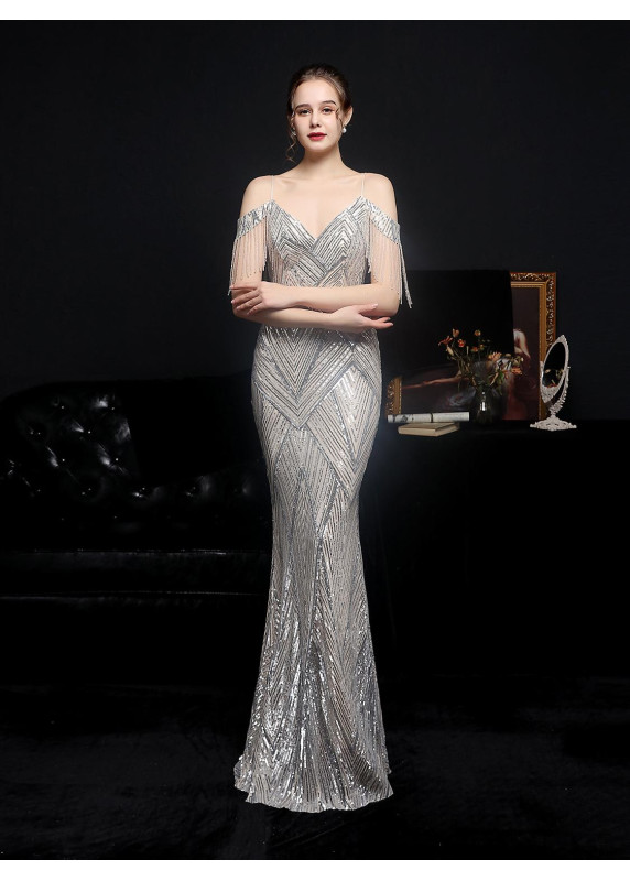 Fitted and Sparkling Evening Gown with Geometric Sequin Design