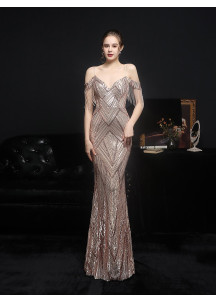 Fitted and Sparkling Evening Gown with Geometric Sequin Design