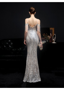 Fitted and Sparkling Evening Gown with Geometric Sequin Design