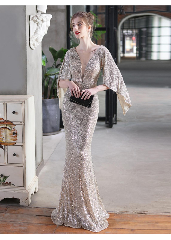 Dazzling Evening Gown with Draped Sleeves