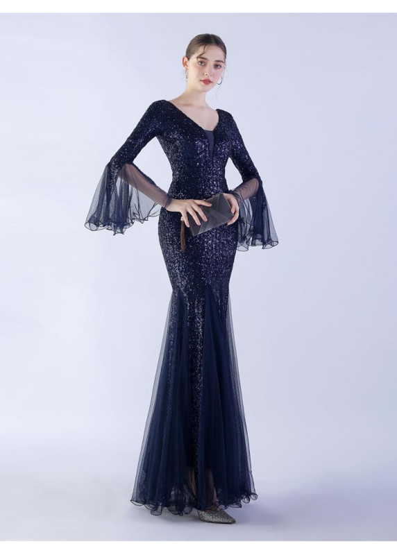 Mermaid-Cut Evening Gown with Voluminous Sleeves