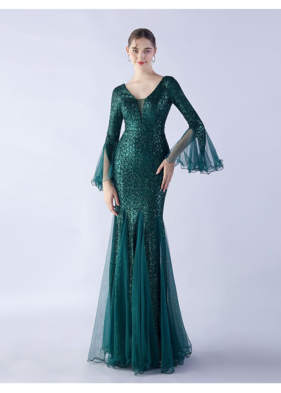 Mermaid-Cut Evening Gown with Voluminous Sleeves