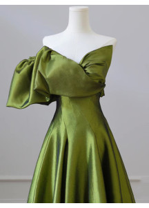 High quality green silk satin evening gown