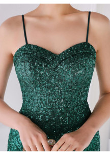 Emerald Green Sequined Evening Gown with Fitted Design and Draped Effect