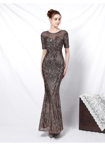 Bronze Sequined Evening Gown with Sheer Neckline and Short Sleeves