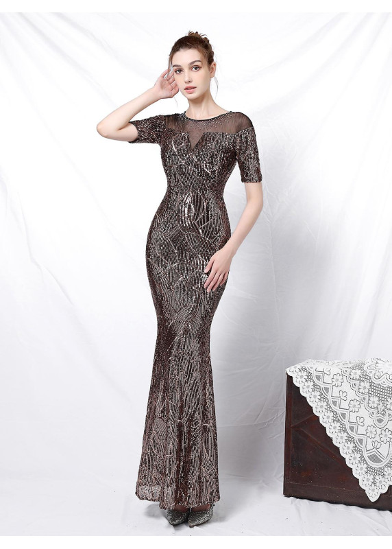 Bronze Sequined Evening Gown with Sheer Neckline and Short Sleeves