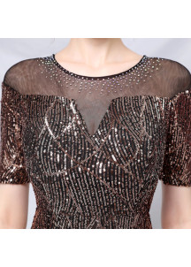 Bronze Sequined Evening Gown with Sheer Neckline and Short Sleeves