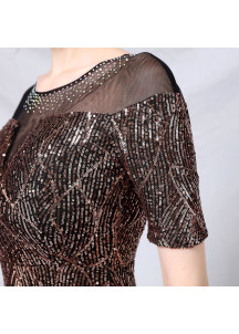 Bronze Sequined Evening Gown with Sheer Neckline and Short Sleeves