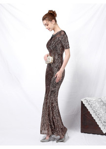 robe de soirée scintillante en bronze à décolleté transparent et manches courtes