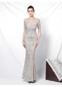 Bronze Sequined Evening Gown with Sheer Neckline and Short Sleeves