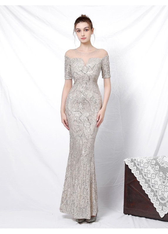 Bronze Sequined Evening Gown with Sheer Neckline and Short Sleeves