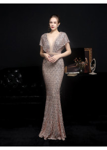 Mermaid-Neck Evening Gown with Fitted Sequined Design