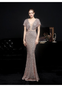 Mermaid-Neck Evening Gown with Fitted Sequined Design