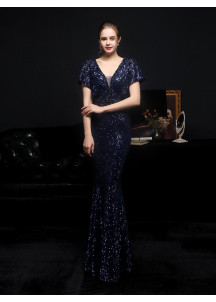 Mermaid-Neck Evening Gown with Fitted Sequined Design