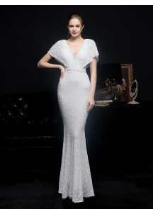 Mermaid-Neck Evening Gown with Fitted Sequined Design