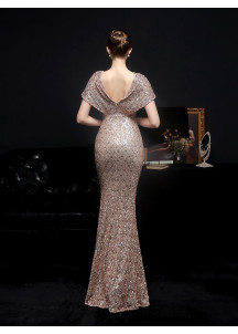 Mermaid-Neck Evening Gown with Fitted Sequined Design