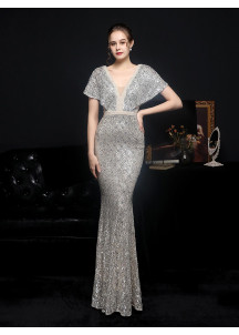 Mermaid-Neck Evening Gown with Fitted Sequined Design