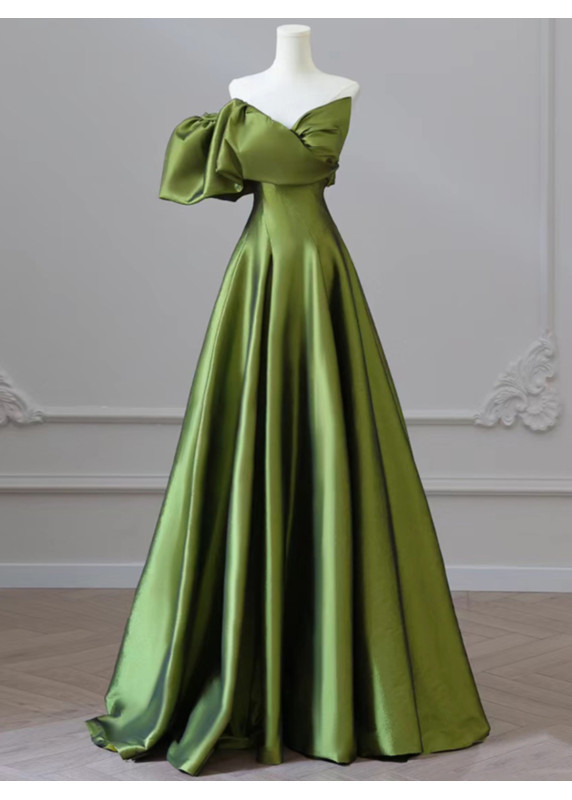 High quality green silk satin evening gown