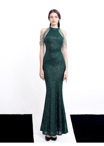 Emerald Green Evening Gown with Halter Design and Sparkling Embellishments