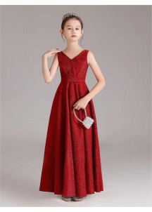 robe de fille d'honneur rouge bordeaux longue sans manches