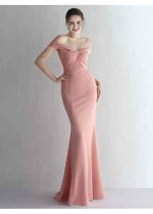 Bordeaux Fitted Evening Gown with Off-the-Shoulder Design