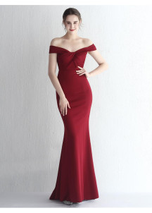 Bordeaux Fitted Evening Gown with Off-the-Shoulder Design