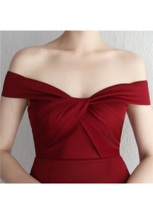 Bordeaux Fitted Evening Gown with Off-the-Shoulder Design