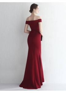 Bordeaux Fitted Evening Gown with Off-the-Shoulder Design