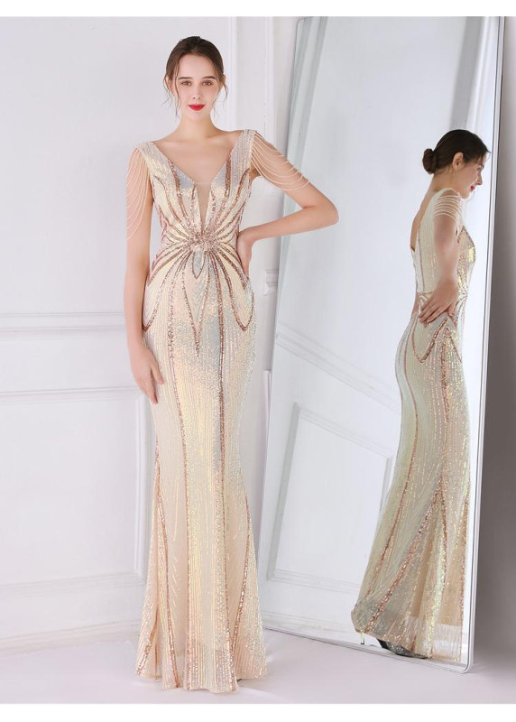 Vestido de Noche Dorado Ajustado con Escote en V y Lentejuelas Brillantes