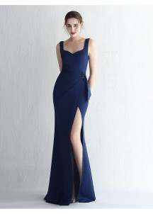 Navy Blue Evening Gown with Heart-Shaped Neckline and Side Slit