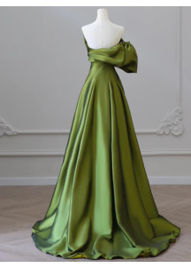 High quality green silk satin evening gown