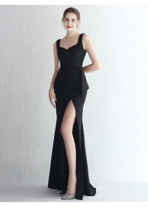 Navy Blue Evening Gown with Heart-Shaped Neckline and Side Slit