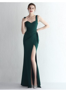 Navy Blue Evening Gown with Heart-Shaped Neckline and Side Slit