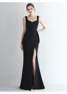 Navy Blue Evening Gown with Heart-Shaped Neckline and Side Slit