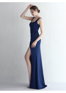 Navy Blue Evening Gown with Heart-Shaped Neckline and Side Slit