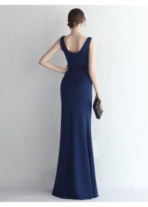 Navy Blue Evening Gown with Heart-Shaped Neckline and Side Slit