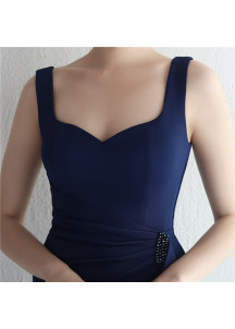 Navy Blue Evening Gown with Heart-Shaped Neckline and Side Slit