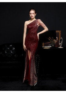 Burgundy Sequin Evening Gown with Asymmetrical Neckline and Side Slit