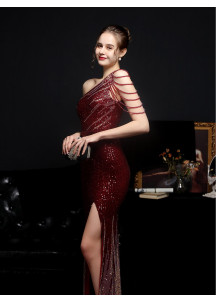 Burgundy Sequin Evening Gown with Asymmetrical Neckline and Side Slit