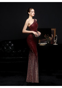 Burgundy Sequin Evening Gown with Asymmetrical Neckline and Side Slit