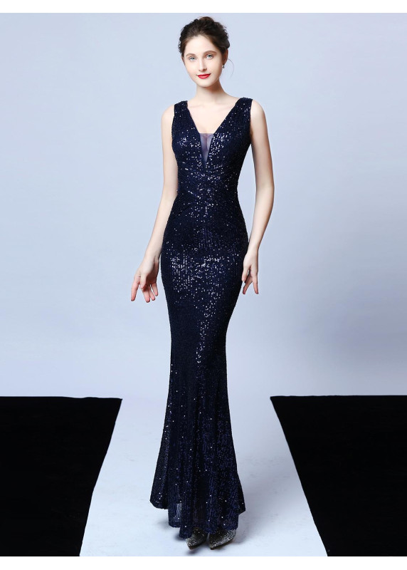 Grey Sequin Evening Gown with V-Neck and Fitted Silhouette