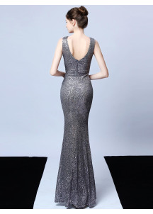 Grey Sequin Evening Gown with V-Neck and Fitted Silhouette