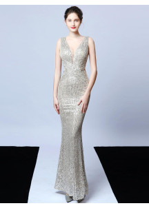 Grey Sequin Evening Gown with V-Neck and Fitted Silhouette